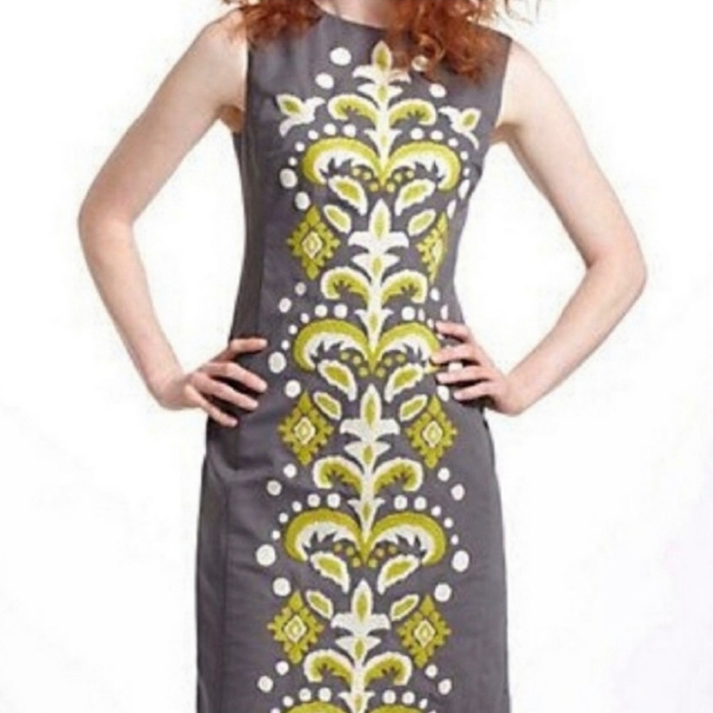 Anthropologie Tabitha Embroidered Sheath Dress Grey/Green/White 6